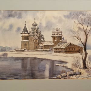 Kizhi Island, Lake Onega, Russia, Snow Landscape Original Watercolour Painting Signed By The Artist