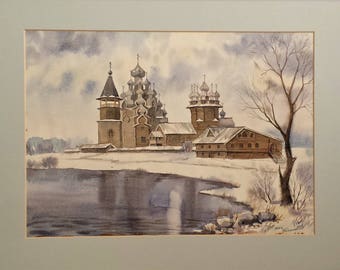 Kizhi Island, Lake Onega, Russia, Snow Landscape Original Watercolour Painting Signed By The Artist