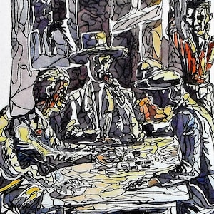 Jugadores de póker (Acuarela, Tinta, Pintura original firmada por el artista Swaby), Pintura de juegos de cartas, Estrategia, Evaluación de riesgos, Arte del póker