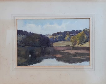 Acuarela original de la región de los lagos de Inglaterra con cisnes, del artista W. Grant