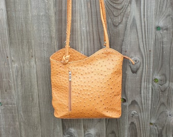 Leather Backpack to shoulder bag, Caramel Brown Ostrich print leather convertable purse.  Two strap backpack to shoulder bag