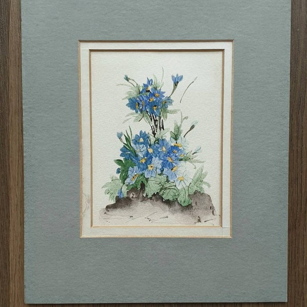 Cornflower Blue Forget-Me-Nots, Miniature Flower Watercolour, 1980s Vintage Floral Painting,  Signed and Dated by The artist x