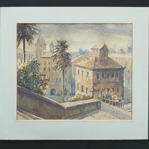 May include: Watercolor painting of a European cityscape with buildings, palm trees, and a domed structure in the background. The artwork is framed with a white mat and a black border. The painting is signed in the lower right corner.