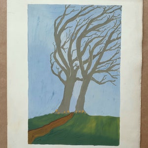 Albero, fiore e sentiero Illustrazione originale a guazzo degli anni '60 della storica Grand Central School of Art, New York Artista formatosi K. P. Spence