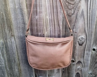 80s Taupe brown leather shoulder bag, tote shoulder purse