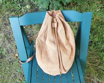 Caramel brown suede leather single strap backpack, soft slouchy leather rucksack