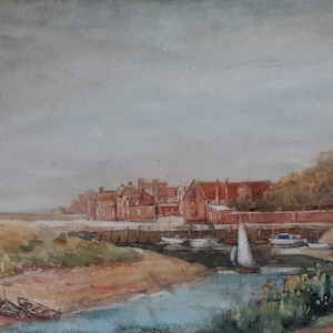 English Coastal Estuary With Boats Moored, Vintage 1930s Original Watercolour Painting On watercolour Board