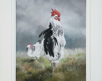 Gallo en un paisaje tormentoso Pintura original al óleo pastel, artista Jean Musgrave, británico