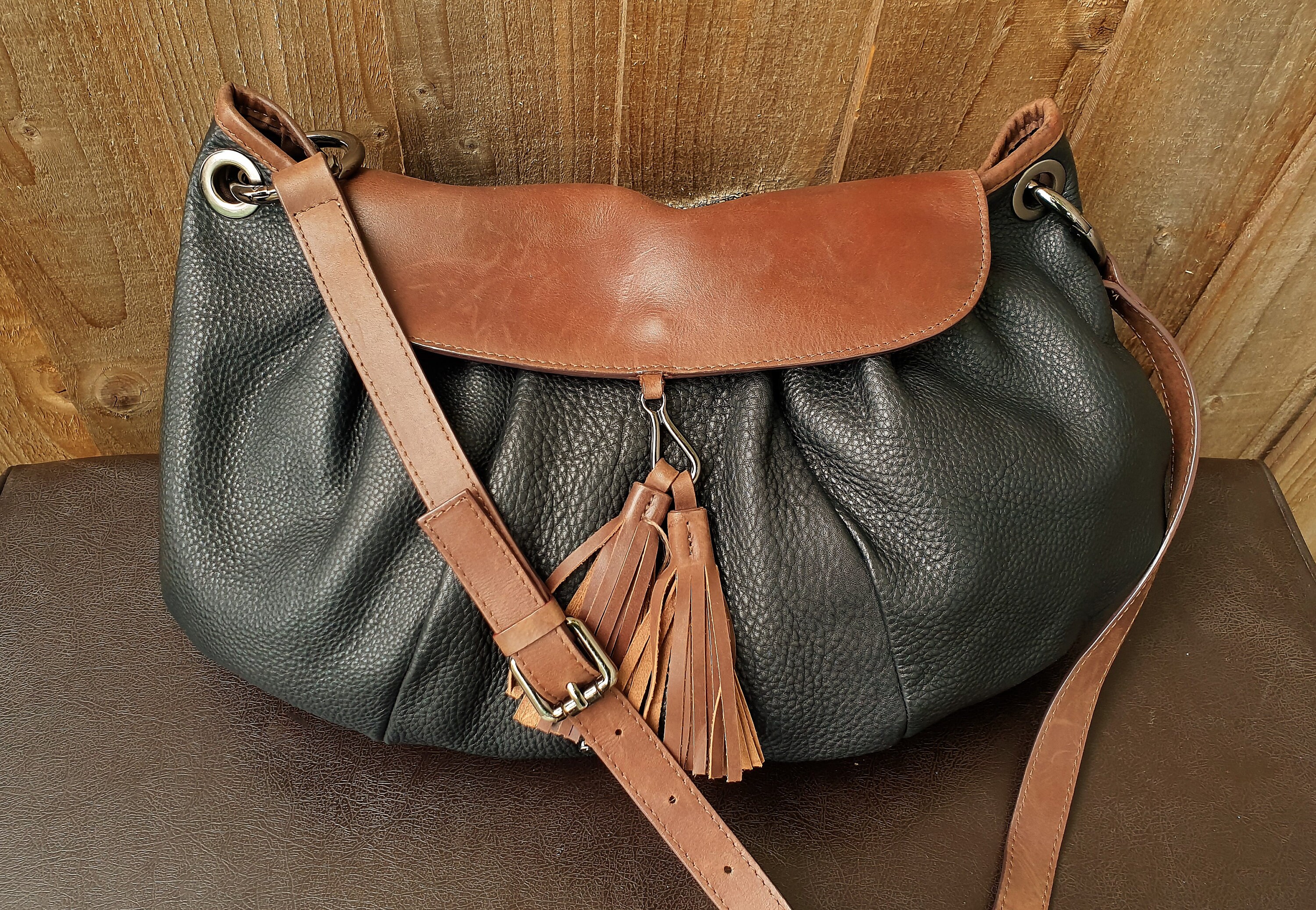 Leather hobo messenger bag Abbacino black and brown leather Etsy