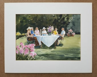 Originales englisches Aquarell mit dem Titel „Afternoon With Friends“, signiertes Gartenparty-Gemälde von William C. Perkins (Brite).