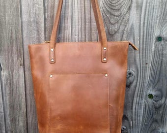 Large Brown Leather Tote Shoulder Bag: Vintage Style Work, College, Business, Notebook Laptop Purse