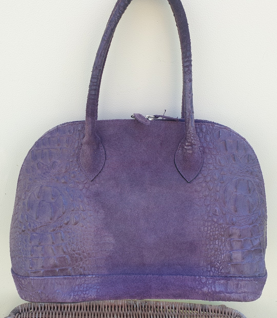 Purple Leather Tote Handbag, Purple Leather and Suede Croc Print.top