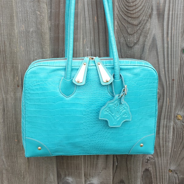 Turquoise leather laptop briefcase style shoulder bag, Pavoni Croc print Italian leather Laptop Case. 11th Turquoise Anniversary Gift