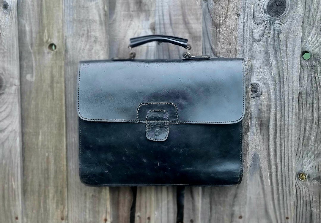 Vintage 90s Black Leather Satchel Cross Body Shoulder Bag