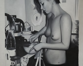 Hyper- Realistic Black And White Oil Painting Of Topless Female Cooking In 1970's, 80s Kitchen
