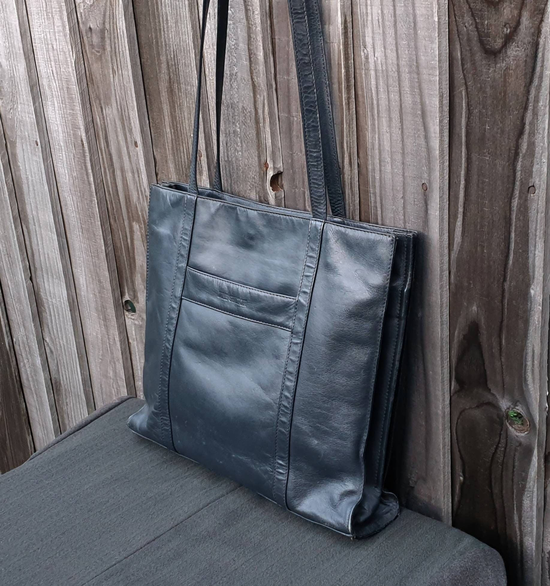 Jane Shilton Black Leather Tote Shoulder Bag. Vintage Large Tote