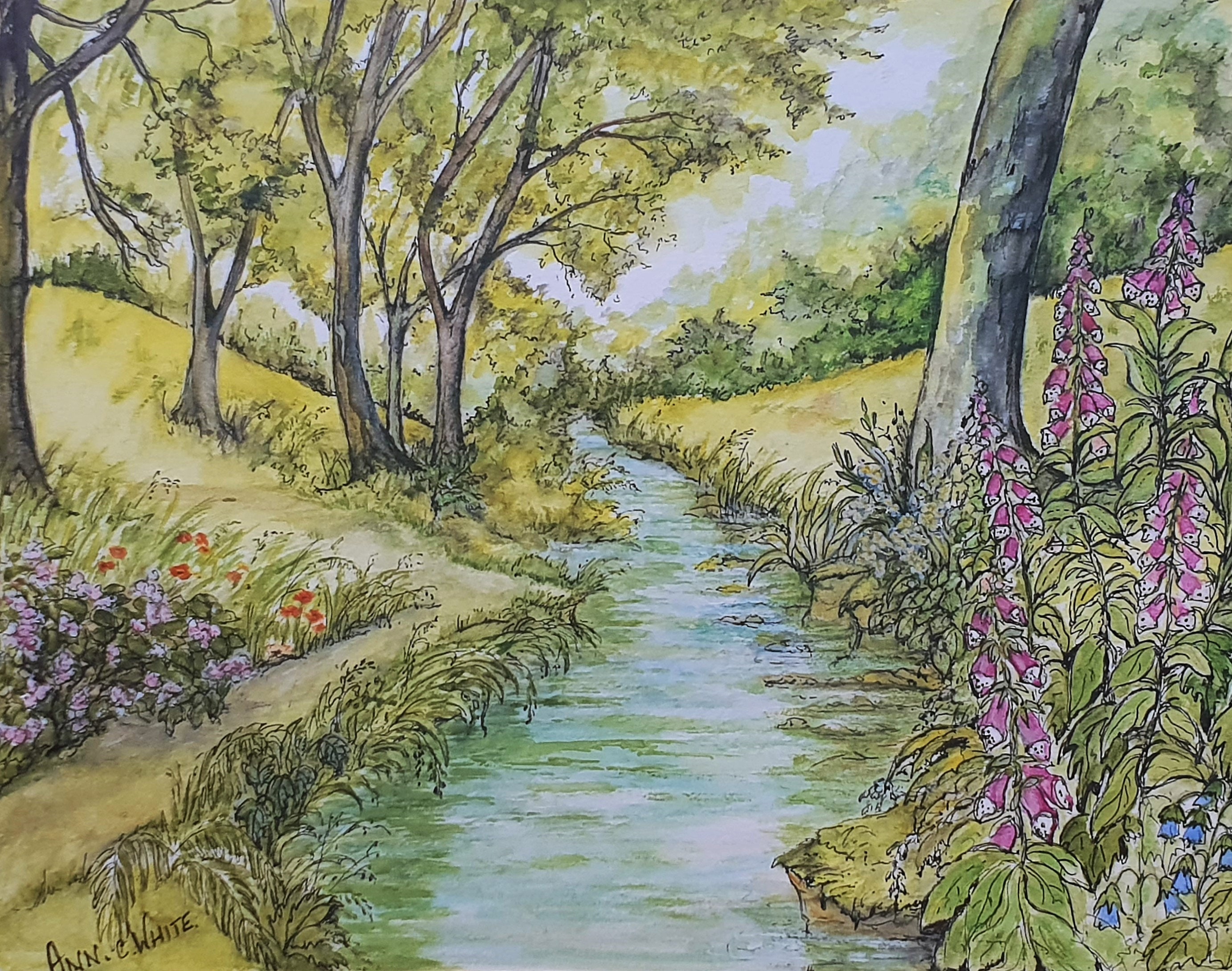イギリスの牧草地と小川の風景画 オリジナル水彩画、アン・C