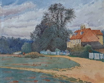 1929 English Watercolour Landscape Painting: Art Deco Manor House