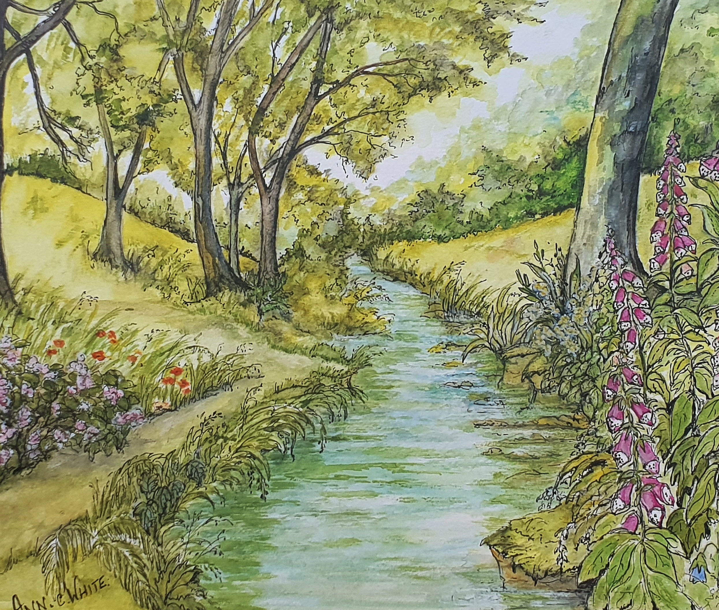 アンヌマリー風景画 15日まで値引き中 イギリスの牧草地と小川の風景画 オリジナル水彩画、アン・C