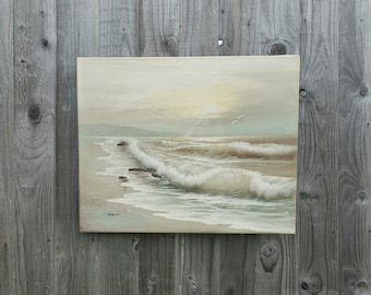 Georg Schubert - Paisaje marino original, pintura al óleo, década de 1960, sobre lienzo, Costa iluminada por la luna