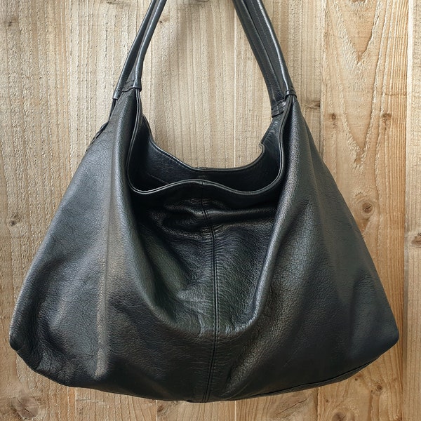 Slouchy zwart leer geweven zijschouder hobo tote tas,