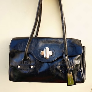 Bolso de mano de cuero negro Jasper Conran, bolso de hombro de cuero, bolso de mano de cuero negro pulido con asa superior, regalo de aniversario, regalo para ella