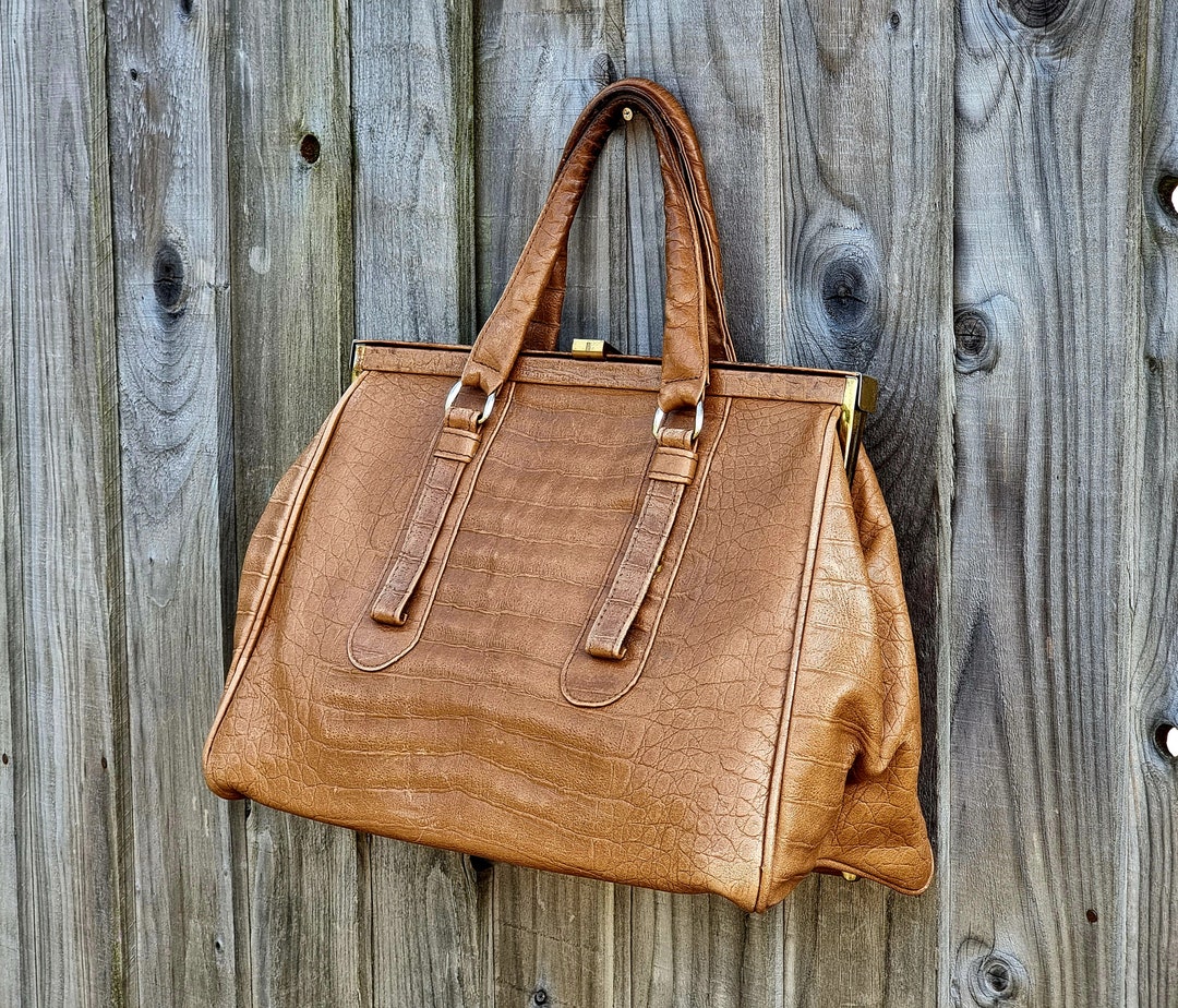 Vintage Tan Croc Print Leather 40s 50s Large Top Handle