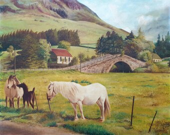 Welsh Valley Original Oil Landscape Painting With Grey Ponies And Bay Foal