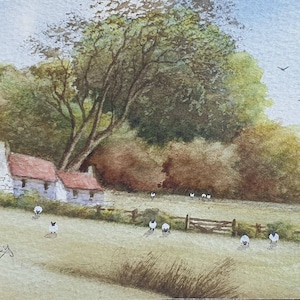 Welsh Sheep Grazing On A South Glamorgan Farm By D. Barry Morgan, Original Vintage Watercolour Painting, Welsh Landscape Painting, Wales Art