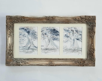 Tríptico de árboles con pinturas al óleo originales en marco rococó.