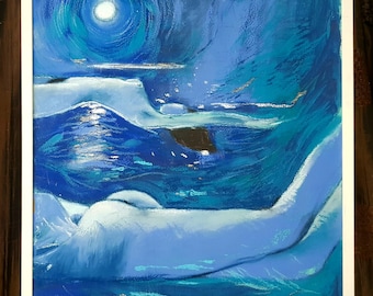 Mujeres nadando bajo el agua. Pintura original al óleo y pastel de Katy Bailey, enmarcada.