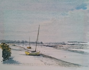 English Estuary Sailing Boat Watercolour, Snow At Blakeney, River Watercolour Painting Signed By Artist Macfarlane Widdup