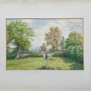 Victorian Country Garden, 1871 English Original Watercolour Landscape Painting With Figures, Period Victorian English Landscape Painting.