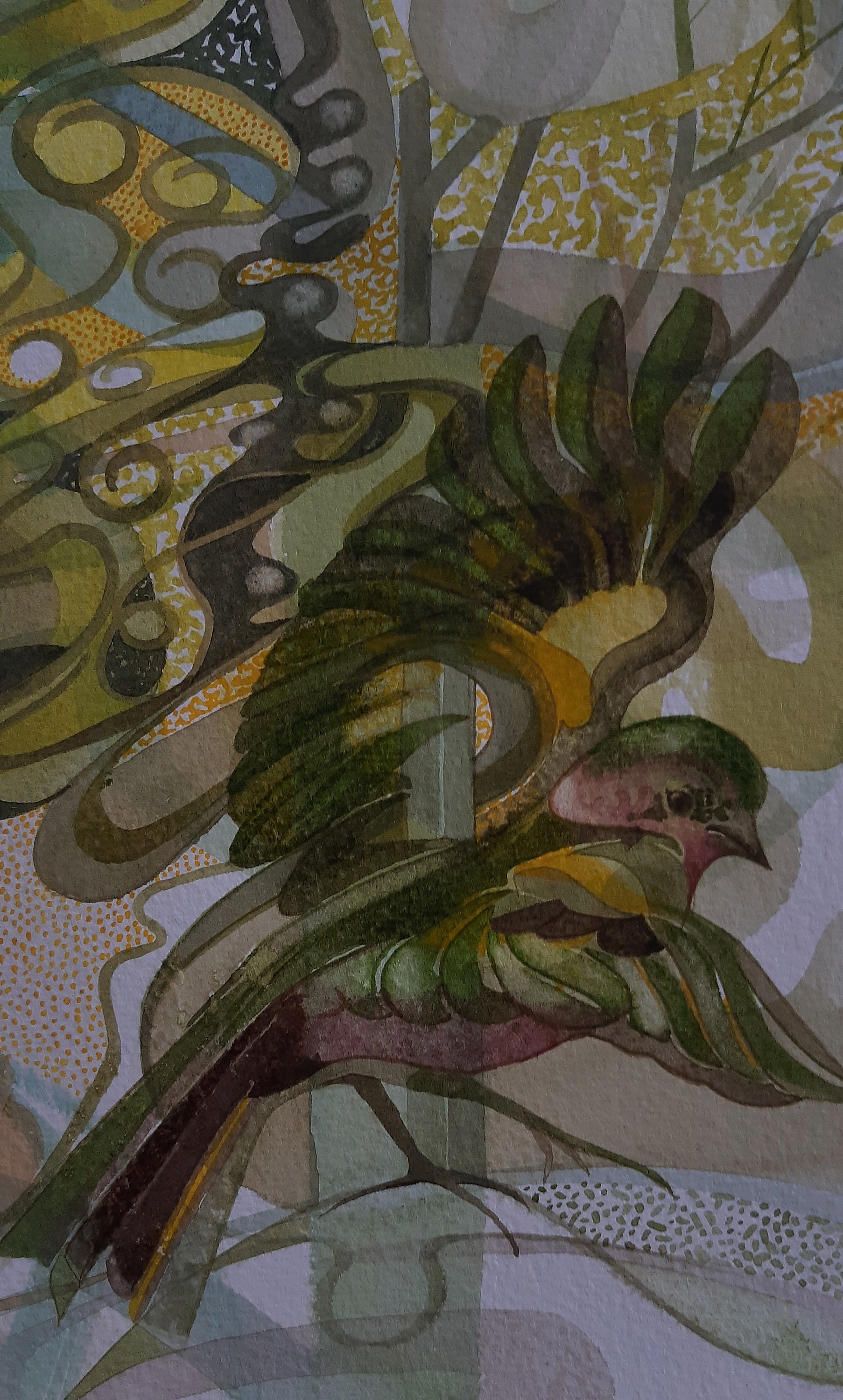 抽象的な鳥の水彩画：サイン入りオリジナルアート（12x10インチ