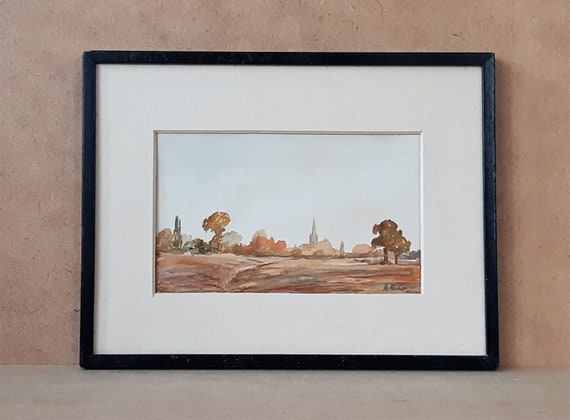 Miniature English Watercolour Painting: Rural Village Landscape