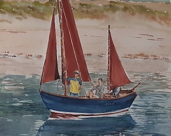 Acuarela de un velero: Obra original firmada, paisaje marino inglés.