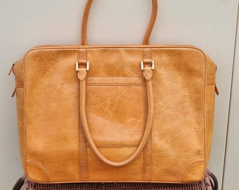 Vintage 80er Jahre Karamell Braun Leder Aktentasche Laptop Reisetasche Weekender Bordkoffer