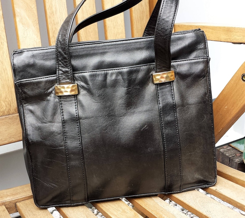 Black leather tote shoulder tote bag Vintage John Lewis Etsy