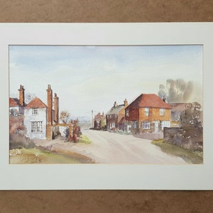 イギリスのハートフォードシャーの村のオリジナル水彩風景画、イングランドの田舎の風景画、夏のイギリスの芸術。