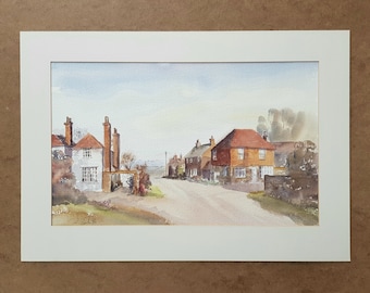 English Village Watercolor Painting: Hertfordshire Rural Landscape