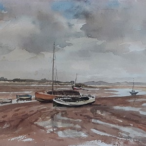 Norfolk Coast Watercolor Painting: English Estuary Boats by Stuart Webster