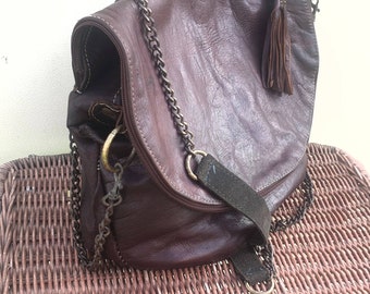 Vintage 90s Brown Leather Messenger Bag: Cross Body Chain Shoulder strap, Tassel Saddlebag