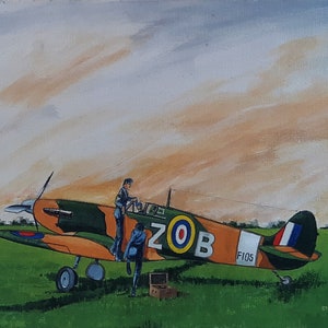 Spitfire R A F, Acrylic Original Painting On Canvas board, WW2 Supermarine Spitfire Painted By Stan Wood, VE 80 Celebration, Allied Victory.