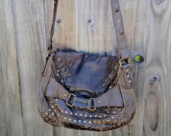 Vintage brown leather studded satchel cross body messenger bag