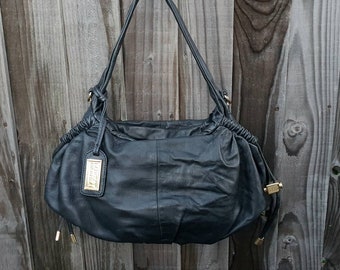 Badgley Mischka soft black leather tote shoulder purse, top handle bag. Black leather hobo shoulder bag