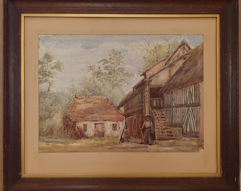 Antique French Original Oil Landscape Painting, Normandy Farm By L. S. Leroy,