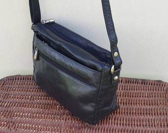 Nova Soft black leather cross body messenger bag, leather shoulder bag.