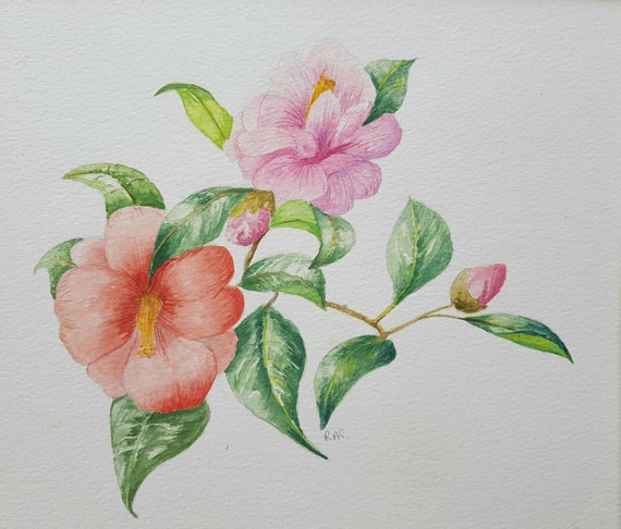 オリジナルの椿の水彩画：ピンクとオレンジの花のアート - Etsy 日本