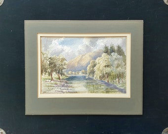 Engelsk skogsflod, original landskapsmålning, akvarellmålning från art déco-perioden