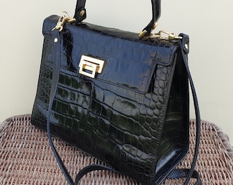 Kurt Geiger Black croc print leather satchel messenger bag.  Polished / patent leather top handle shoulder purse